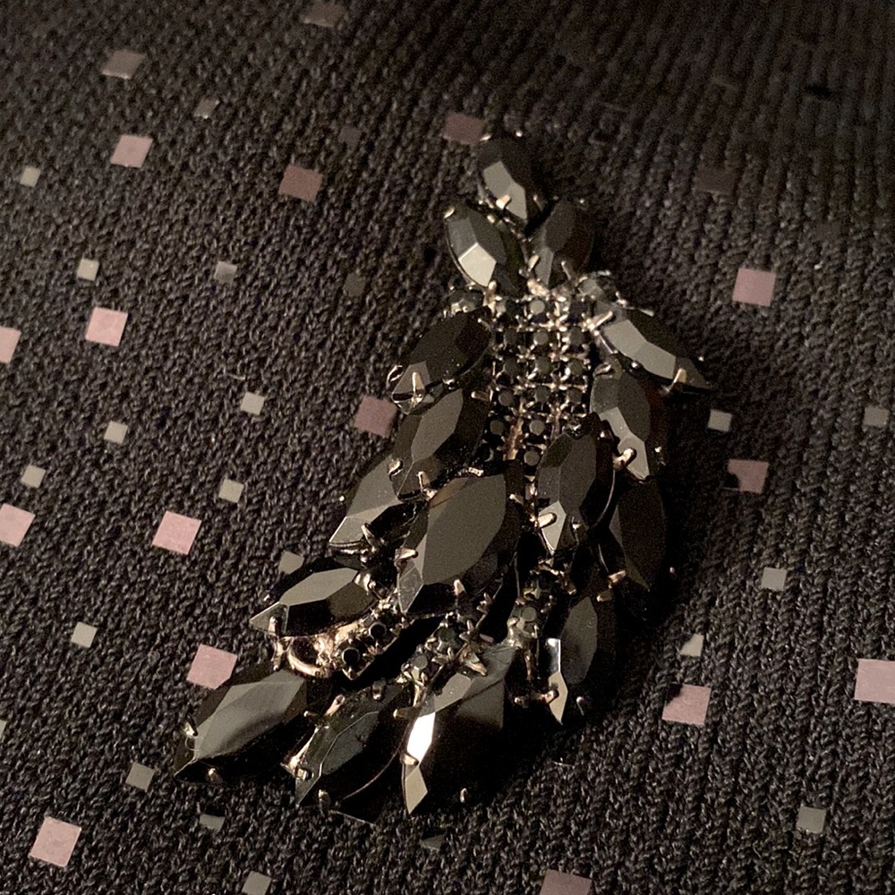 Vintage Black Glass Stone and Rhinestone Brooch